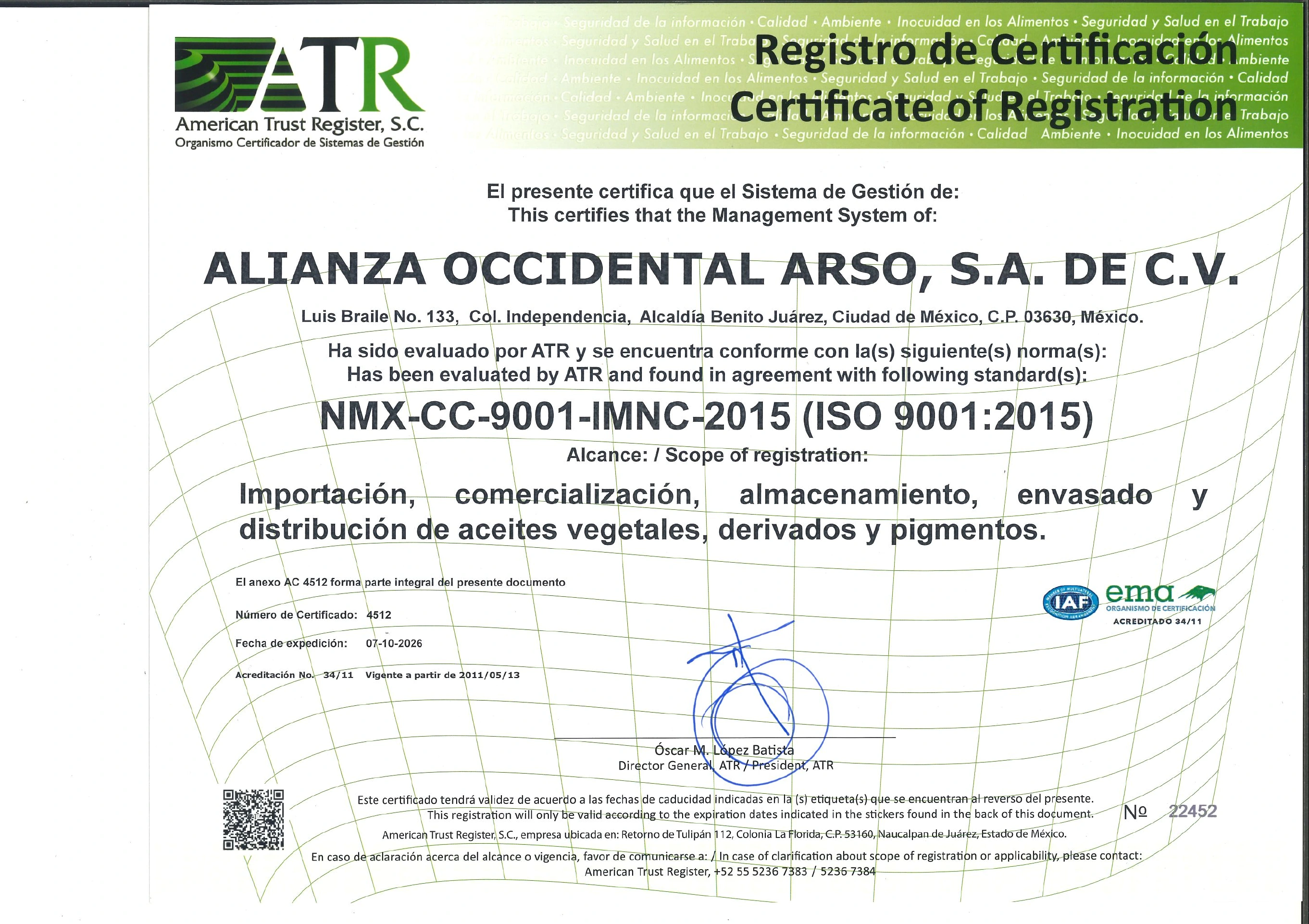 Certificado ISO 9001:2015, página 1