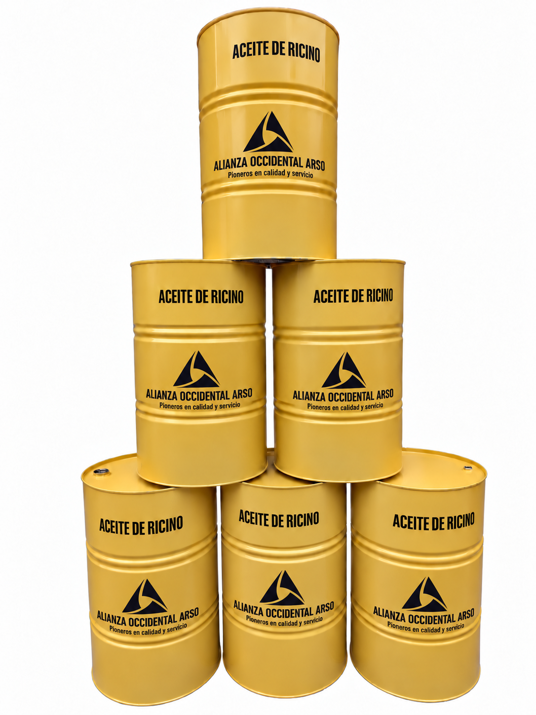 Barriles de aceite de ricino con logotipo negro de Alianza Occidental ARSO